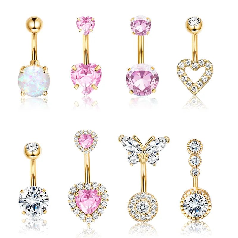 Hot Sale 8 Pieces Butterfly Umbilical Cord Ring Pendant Heart Shape Micro - inlaid Zircon Stainless Steel Fashion Piercing - QIAO CrystalQIAO CrystalQIAO Crystal