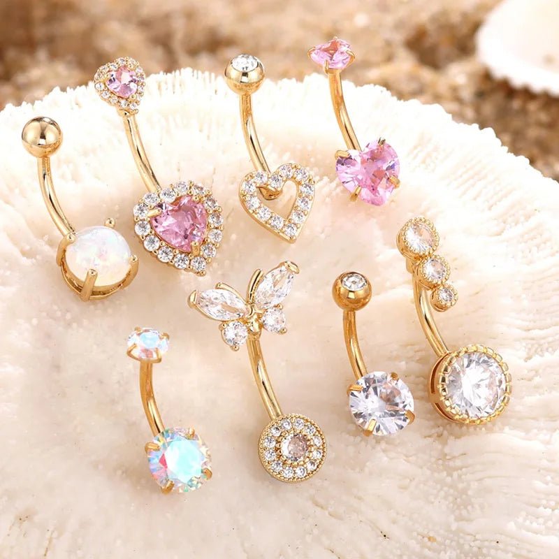 Hot Sale 8 Pieces Butterfly Umbilical Cord Ring Pendant Heart Shape Micro - inlaid Zircon Stainless Steel Fashion Piercing - QIAO CrystalQIAO CrystalQIAO Crystal