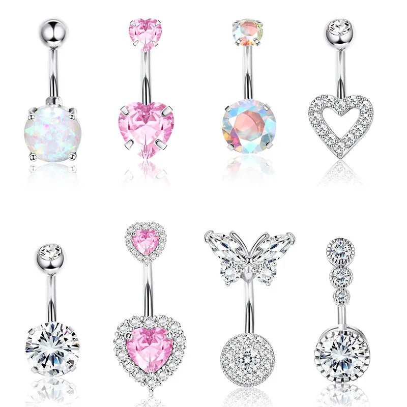 Hot Sale 8 Pieces Butterfly Umbilical Cord Ring Pendant Heart Shape Micro - inlaid Zircon Stainless Steel Fashion Piercing - QIAO CrystalQIAO CrystalQIAO Crystal