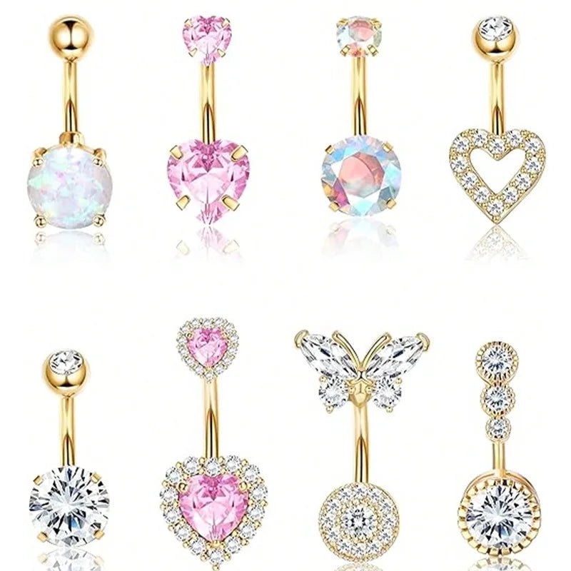 Hot Sale 8 Pieces Butterfly Umbilical Cord Ring Pendant Heart Shape Micro - inlaid Zircon Stainless Steel Fashion Piercing - QIAO CrystalQIAO CrystalQIAO Crystal