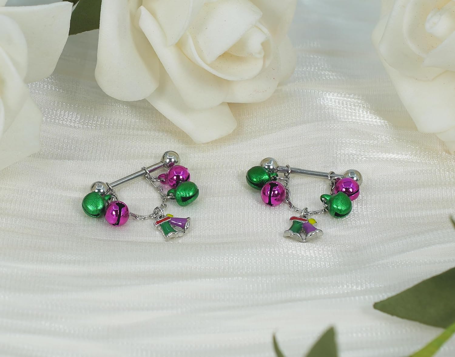 HQLA 14G Christmas tassels Barbell Nipple Piercing Jewelry for Women Red Green Gold Ball Crystal Cubic Zircon Jingle Bell Dangle Nipple Tongue Rings Xmas Gift - QIAO CrystalQIAO CrystalQIAO Crystal