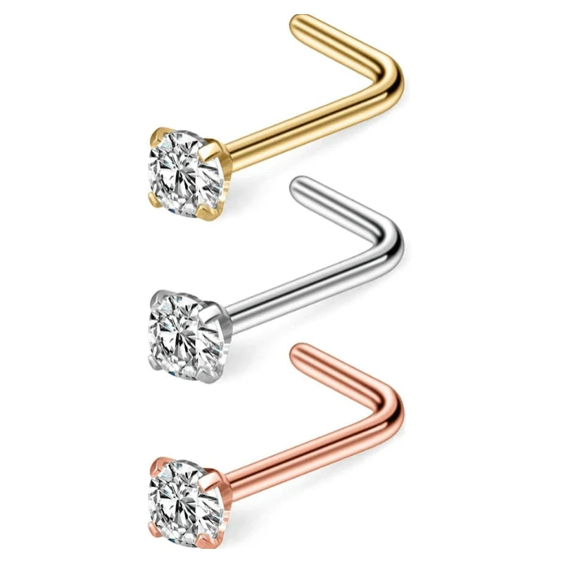 1-3PCS 18G Surgical Steel 2.5mm Clear Diamond CZ Nose Stud Rings L Shaped