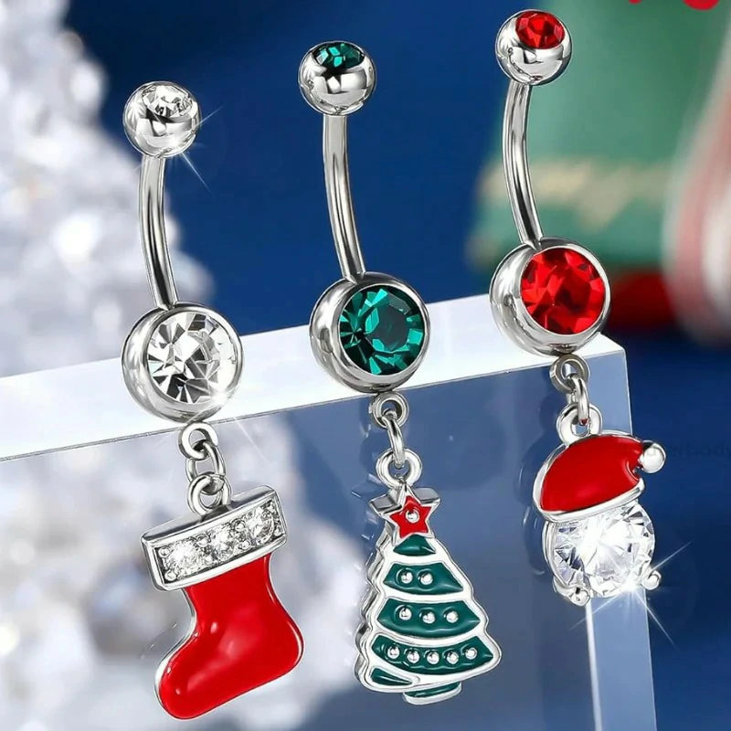 Christmas Dangle 3Pcs Belly Rings 14g Xmas Tree Stockings Hat Curved Navel Barbell