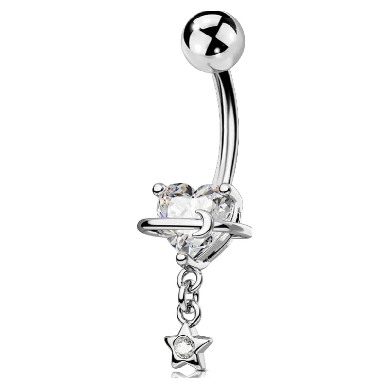 Dangle 316L Surgical Steel 14G Heart Nave Star Dangling Clear CZ Curved Barbells Silver/Gold 10MM