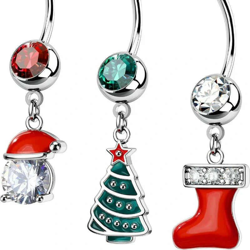 Christmas Dangle 3Pcs Belly Rings 14g Xmas Tree Stockings Hat Curved Navel Barbell