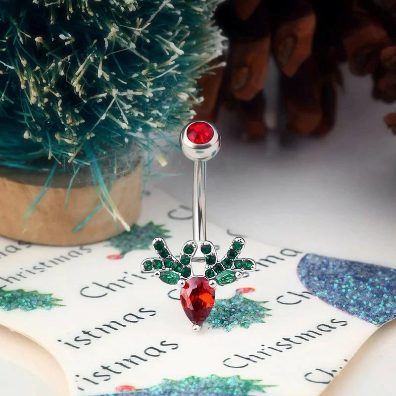 Deer Head Navel Piercing Jewelry Christmas Belly Button Ring 14G Surgical Steel