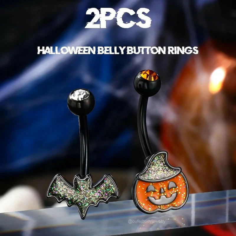 2PCS Halloween Pumpkin Bat Stainless Surgical Steel Belly Button Piercing Jewelry
