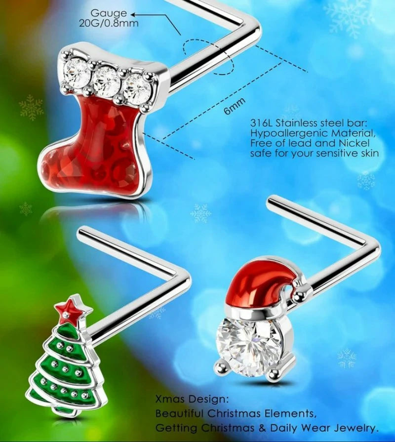 3PCS 20G Halloween Nose Studs– L-Shaped 7MM Surgical Steel Piercing Jewelry with Spider, Bat