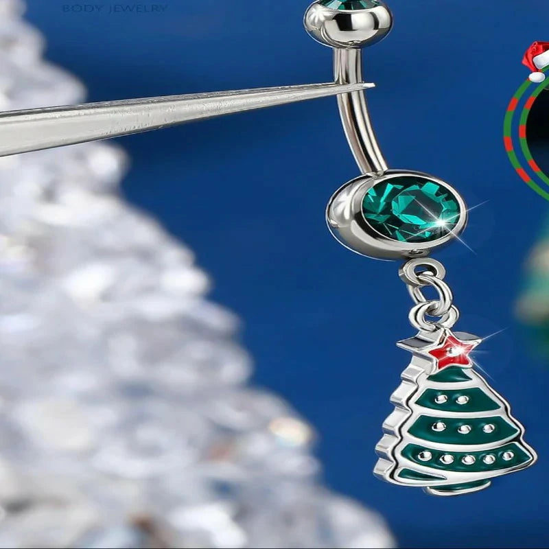 Christmas Dangle 3Pcs Belly Rings 14g Xmas Tree Stockings Hat Curved Navel Barbell