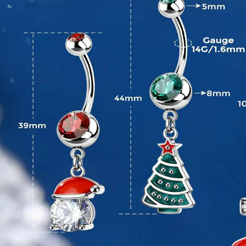 Christmas Dangle 3Pcs Belly Rings 14g Xmas Tree Stockings Hat Curved Navel Barbell