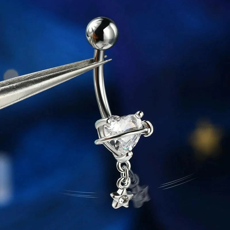 Dangle 316L Surgical Steel 14G Heart Nave Star Dangling Clear CZ Curved Barbells Silver/Gold 10MM
