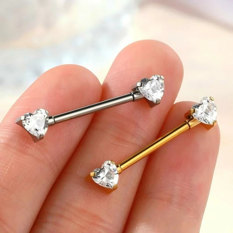 G23 Titanium Nipple Rings Internally Threaded 14g Nipple Heart CZ Gold Bridge Piercing