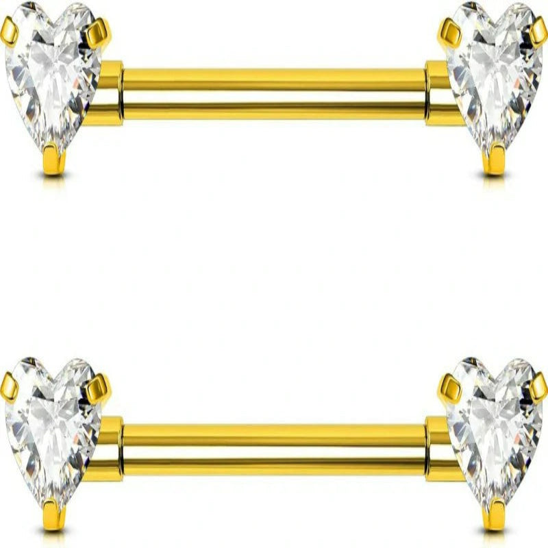 G23 Titanium Nipple Rings Internally Threaded 14g Nipple Heart CZ Gold Bridge Piercing