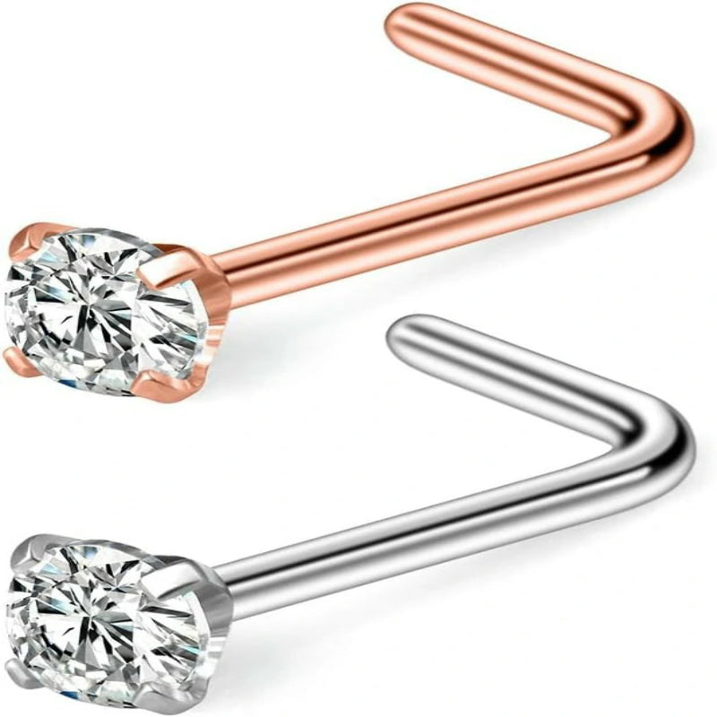 1-3PCS 18G Surgical Steel 2.5mm Clear Diamond CZ Nose Stud Rings L Shaped