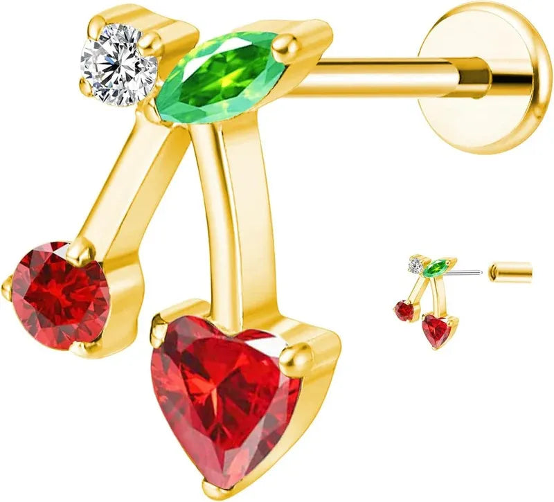 Titanium 16G Push in Flatback Stud Heart Cherry Nose Lip Ring Stud Hypoallergenic