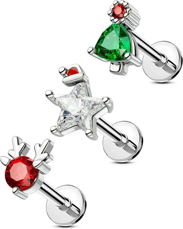 16G Surgical Steel Lip & Cartilage 3PCS Christmas Themed Lip Rings