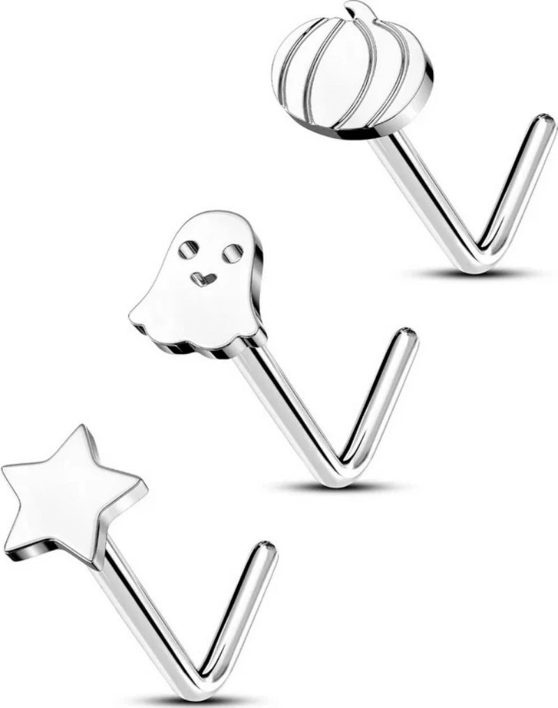 3PCS 20G Halloween Nose Studs– L-Shaped 7MM Surgical Steel Piercing Jewelry with Spider, Bat