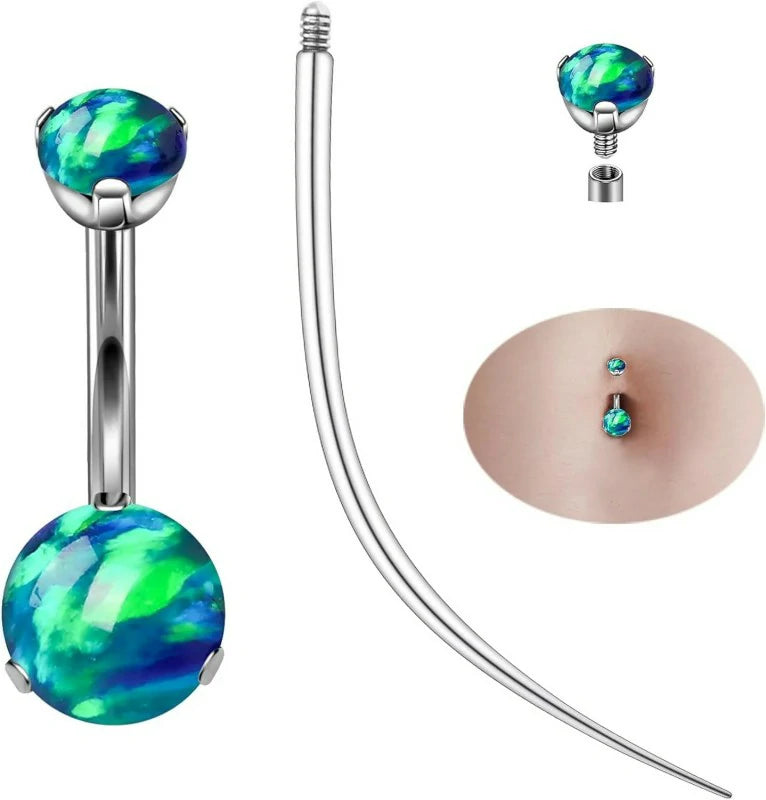 14G Opal Round Belly Navel Rings 10mm Bar Curved Piercing Taper Belly Button Rings