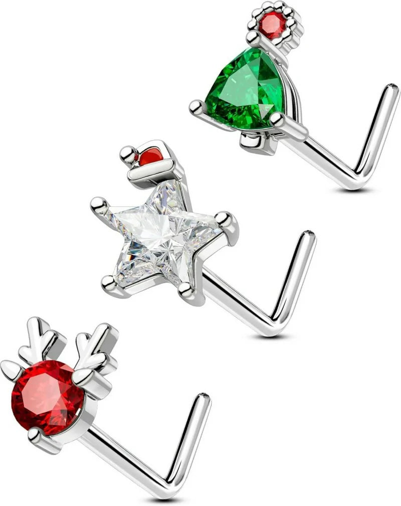 3PCS 20G Halloween Nose Studs– L-Shaped 7MM Surgical Steel Piercing Jewelry with Spider, Bat