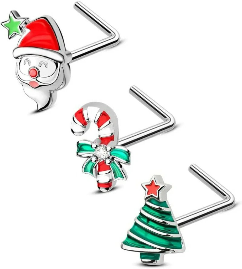 3PCS 20G Halloween Nose Studs– L-Shaped 7MM Surgical Steel Piercing Jewelry with Spider, Bat