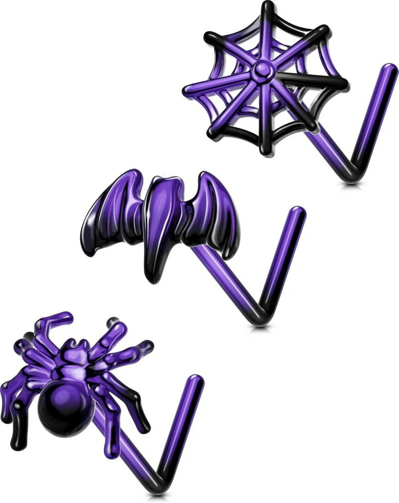 3PCS 20G Halloween Nose Studs– L-Shaped 7MM Surgical Steel Piercing Jewelry with Spider, Bat