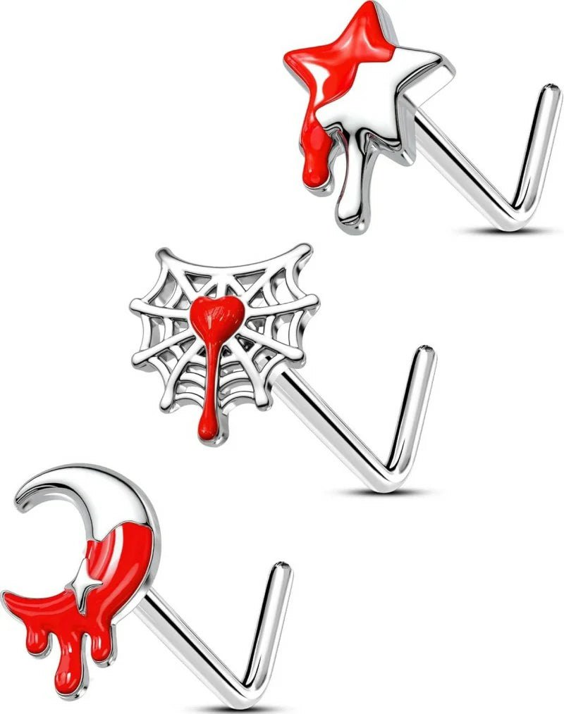 3PCS 20G Halloween Nose Studs– L-Shaped 7MM Surgical Steel Piercing Jewelry with Spider, Bat