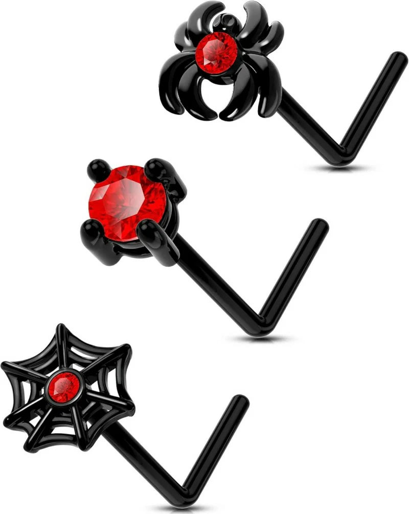 3PCS 20G Halloween Nose Studs– L-Shaped 7MM Surgical Steel Piercing Jewelry with Spider, Bat