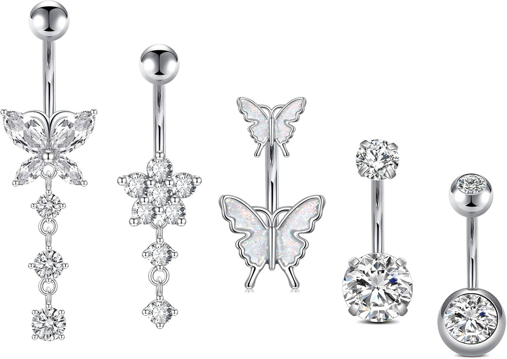 Incaton 14G Belly Button Rings, Stainless Steel Diamond Belly Rings For Women, Dangle Belly Button Rings With Butterfly, 6mm Short & 10mm Bar Navel Piercings - 我的商店我的商店我的商店