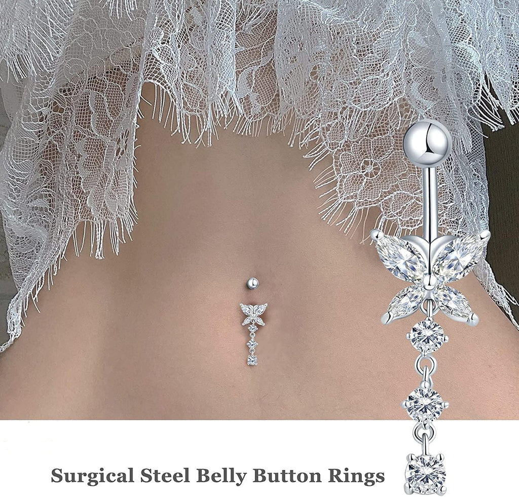 Incaton 14G Belly Button Rings, Stainless Steel Diamond Belly Rings For Women, Dangle Belly Button Rings With Butterfly, 6mm Short & 10mm Bar Navel Piercings - 我的商店我的商店我的商店