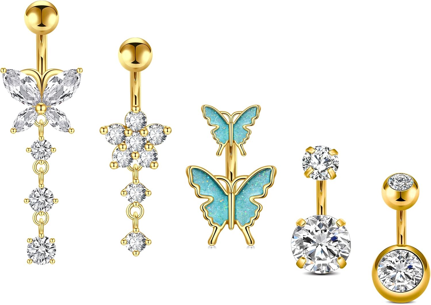 Incaton 14G Belly Button Rings, Stainless Steel Diamond Belly Rings For Women, Dangle Belly Button Rings With Butterfly, 6mm Short & 10mm Bar Navel Piercings - 我的商店我的商店我的商店