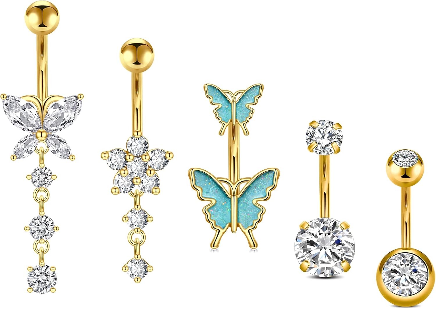 Incaton 14G Belly Button Rings, Stainless Steel Diamond Belly Rings For Women, Dangle Belly Button Rings With Butterfly, 6mm Short & 10mm Bar Navel Piercings - 我的商店我的商店我的商店