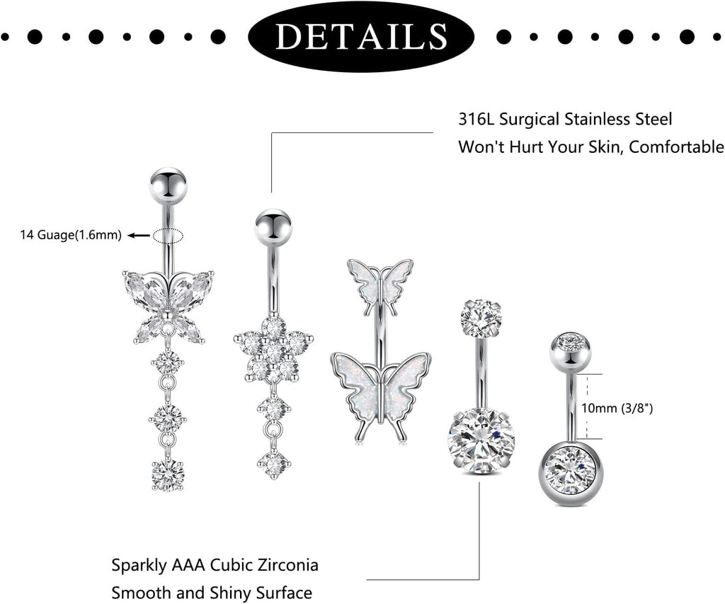 Incaton 14G Belly Button Rings, Stainless Steel Diamond Belly Rings For Women, Dangle Belly Button Rings With Butterfly, 6mm Short & 10mm Bar Navel Piercings - 我的商店我的商店我的商店