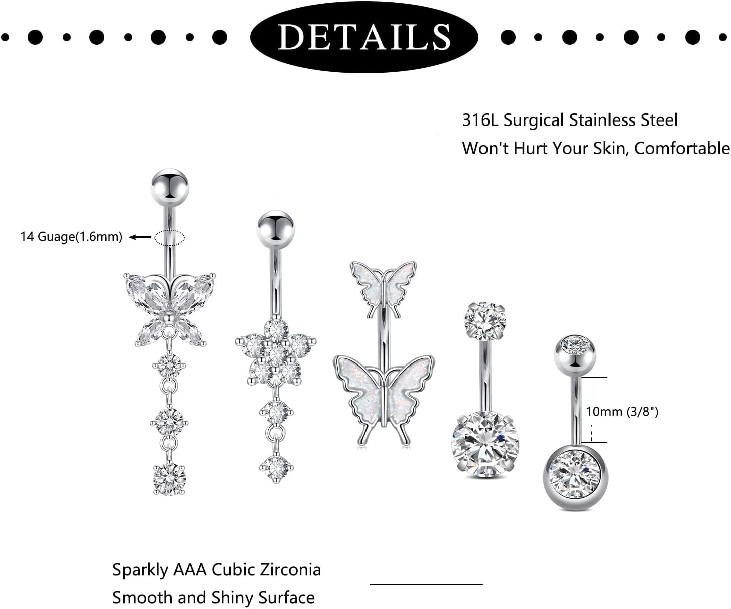 Incaton 14G Belly Button Rings, Stainless Steel Diamond Belly Rings For Women, Dangle Belly Button Rings With Butterfly, 6mm Short & 10mm Bar Navel Piercings - 我的商店我的商店我的商店