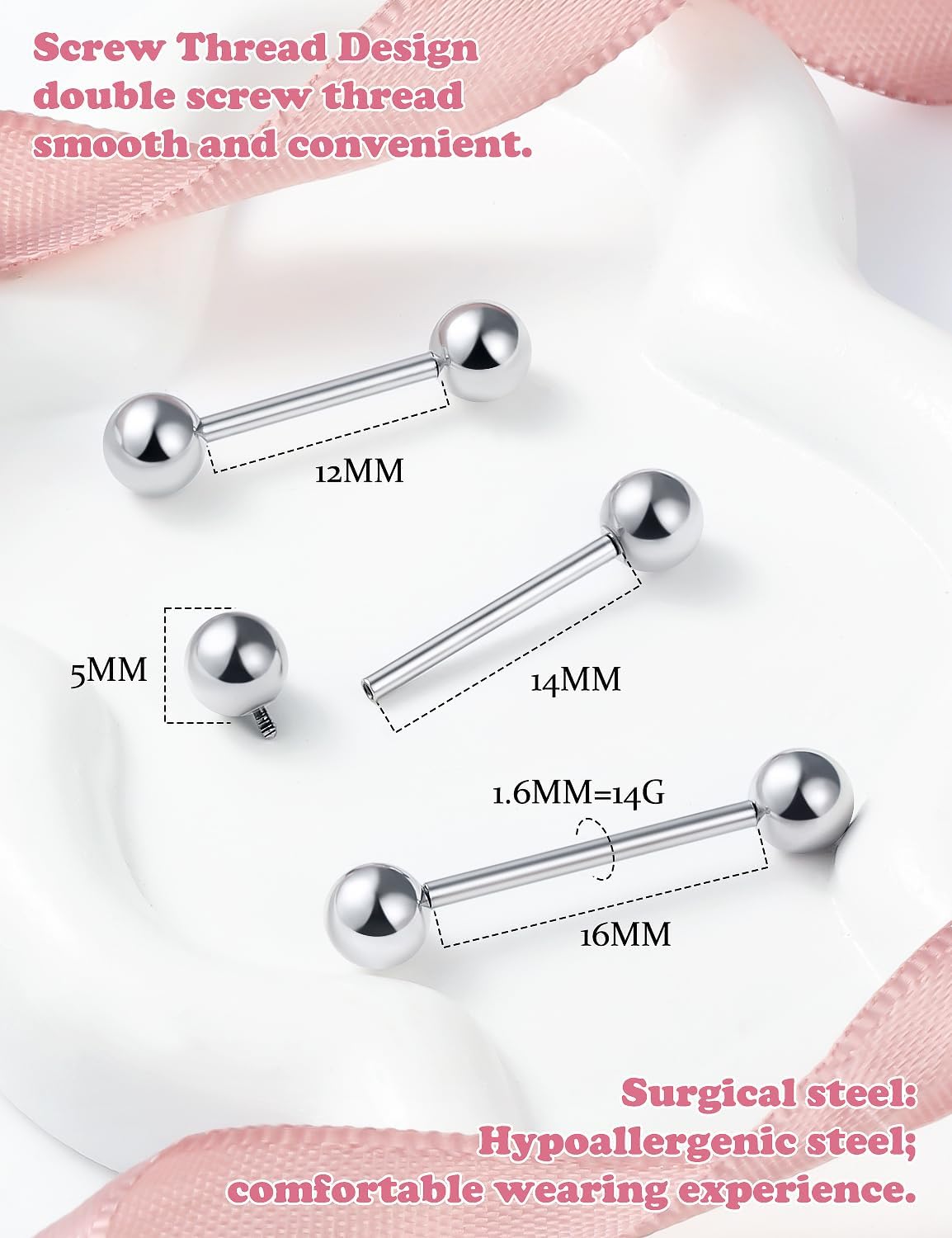 Internal Thread Tongue Nipple Piercing Jewelry 16G 14G 12mm - 16mm Surgical Steel tongue rings,nipple rings for Women Mens Short Long Tongue Niplle bridge Piercing Jewelry - QIAO CrystalQIAO CrystalQIAO Crystal