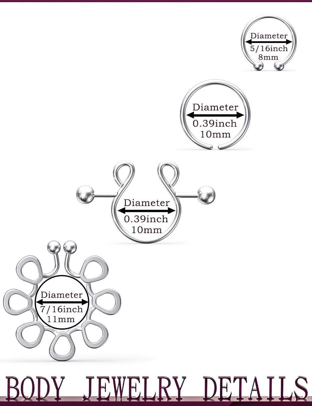 Jenxnjsjo Fake Nipple Rings, Fake Nipple Piercing, Faux Nipple Piercing, Nipple Rings Non Piercing, Non Piercing Nipple Rings, Fake Nipple Ring, Fake Nipple Piercings, Faux Nipple Rings for Women - QIAO CrystalQIAO CrystalQIAO Crystal