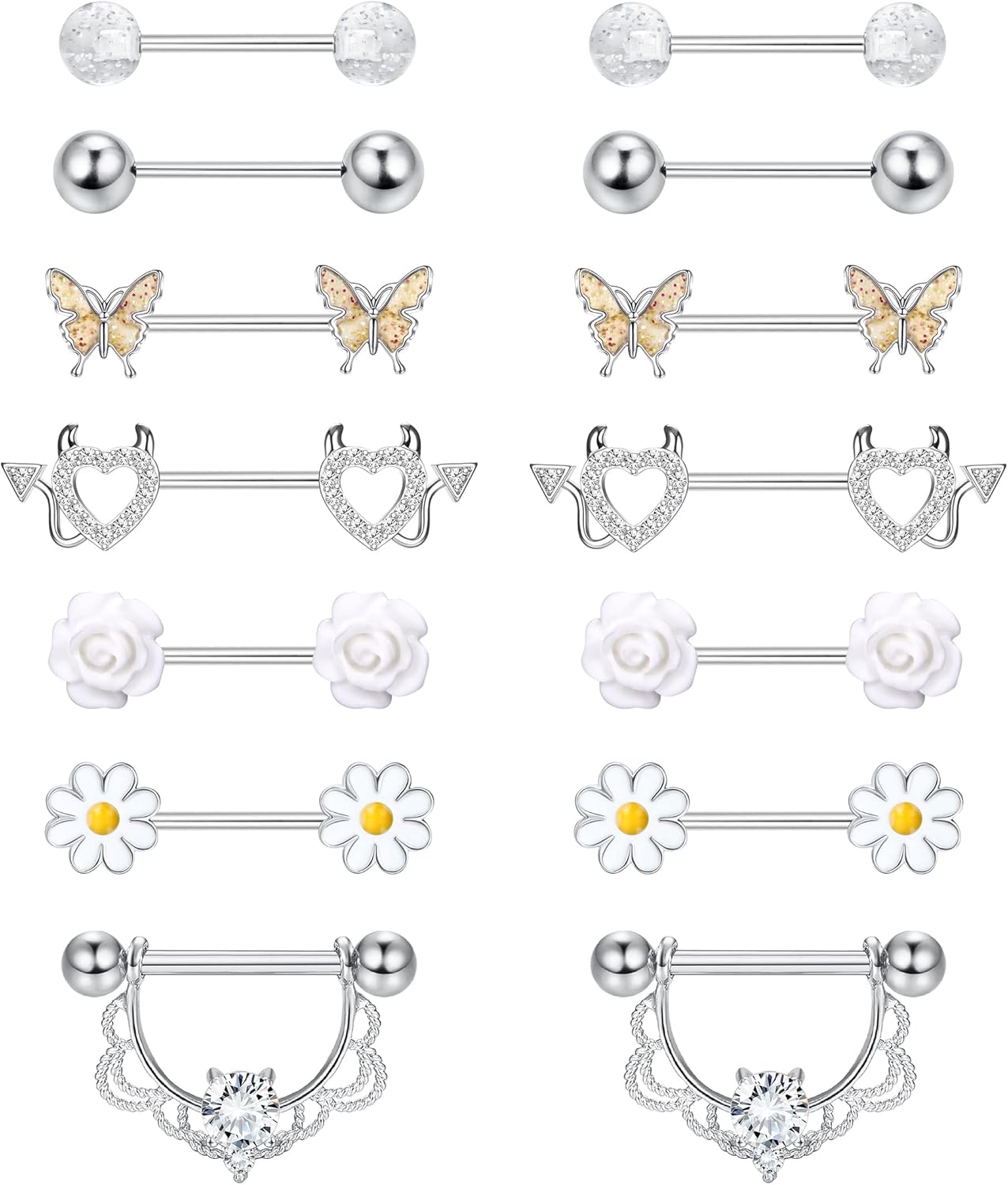JeryWe 7 Pairs 14G Nipple Rings for Women 316L Stainless Steel Heart Butterfly CZ Flower Barbell Nipple Rings Set Cute Nipplerings Piercing Jewelry - QIAO CrystalQIAO CrystalQIAO Crystal
