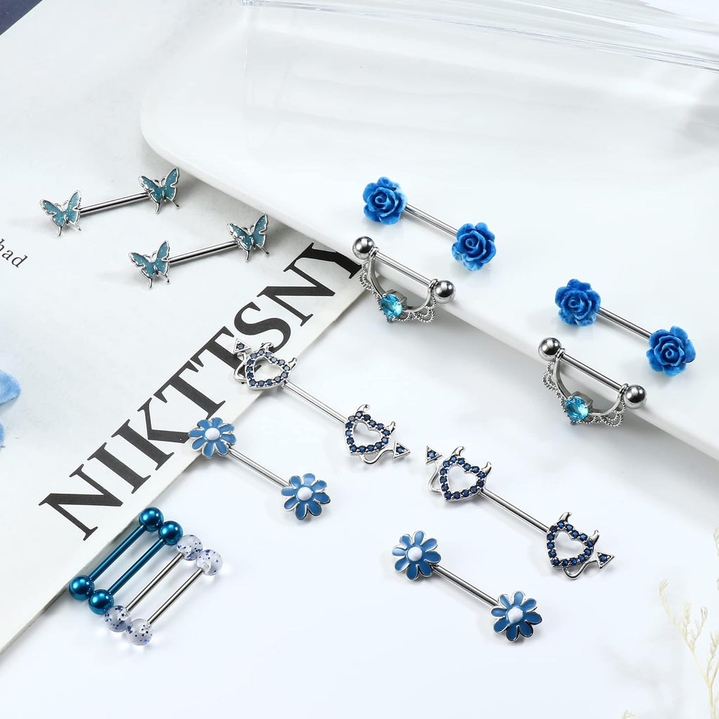 JeryWe 7 Pairs 14G Nipple Rings for Women 316L Stainless Steel Heart Butterfly CZ Flower Barbell Nipple Rings Set Cute Nipplerings Piercing Jewelry - QIAO CrystalQIAO CrystalQIAO Crystal