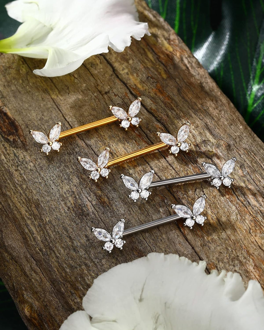 Jewseen Butterfly Nipple Rings for Women 14G Nipple Piercing Jewelry Gold Nipple Ring Surgical Steel Nipple Shield CZ Nipple Barbell Body Piercing Jewelry for Women - QIAO CrystalQIAO CrystalQIAO Crystal