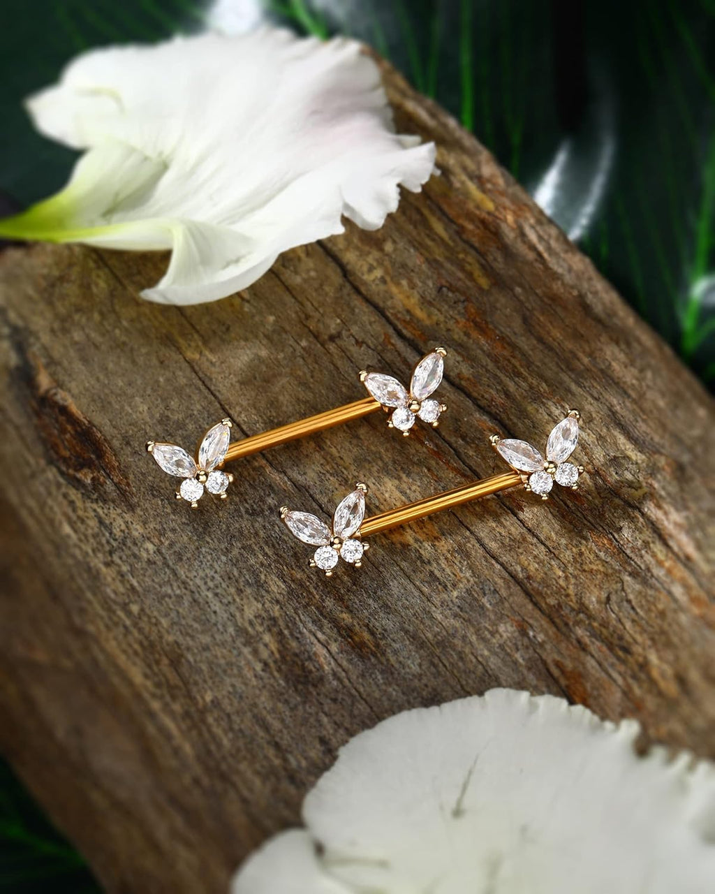 Jewseen Butterfly Nipple Rings for Women 14G Nipple Piercing Jewelry Gold Nipple Ring Surgical Steel Nipple Shield CZ Nipple Barbell Body Piercing Jewelry for Women - QIAO CrystalQIAO CrystalQIAO Crystal