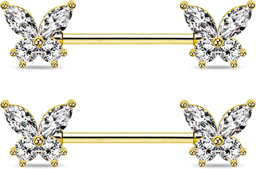 Jewseen Butterfly Nipple Rings for Women 14G Nipple Piercing Jewelry Gold Nipple Ring Surgical Steel Nipple Shield CZ Nipple Barbell Body Piercing Jewelry for Women - QIAO CrystalQIAO CrystalQIAO Crystal