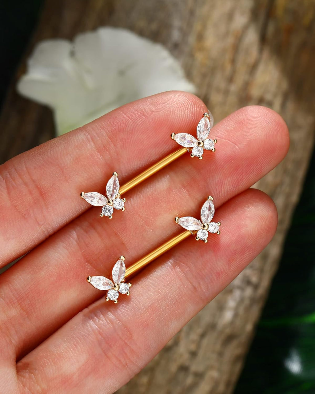 Jewseen Butterfly Nipple Rings for Women 14G Nipple Piercing Jewelry Gold Nipple Ring Surgical Steel Nipple Shield CZ Nipple Barbell Body Piercing Jewelry for Women - QIAO CrystalQIAO CrystalQIAO Crystal