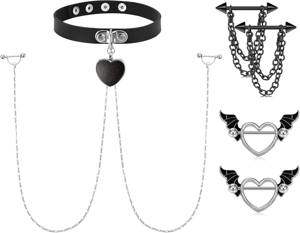 JFORYOU Nipple Ring with Choker Necklaces Stainless Steel Nipple Rings Chain Heart Cat Head Punk Chokers for Women Nipple Barbell Piercing Jewelry - QIAO CrystalQIAO CrystalQIAO Crystal