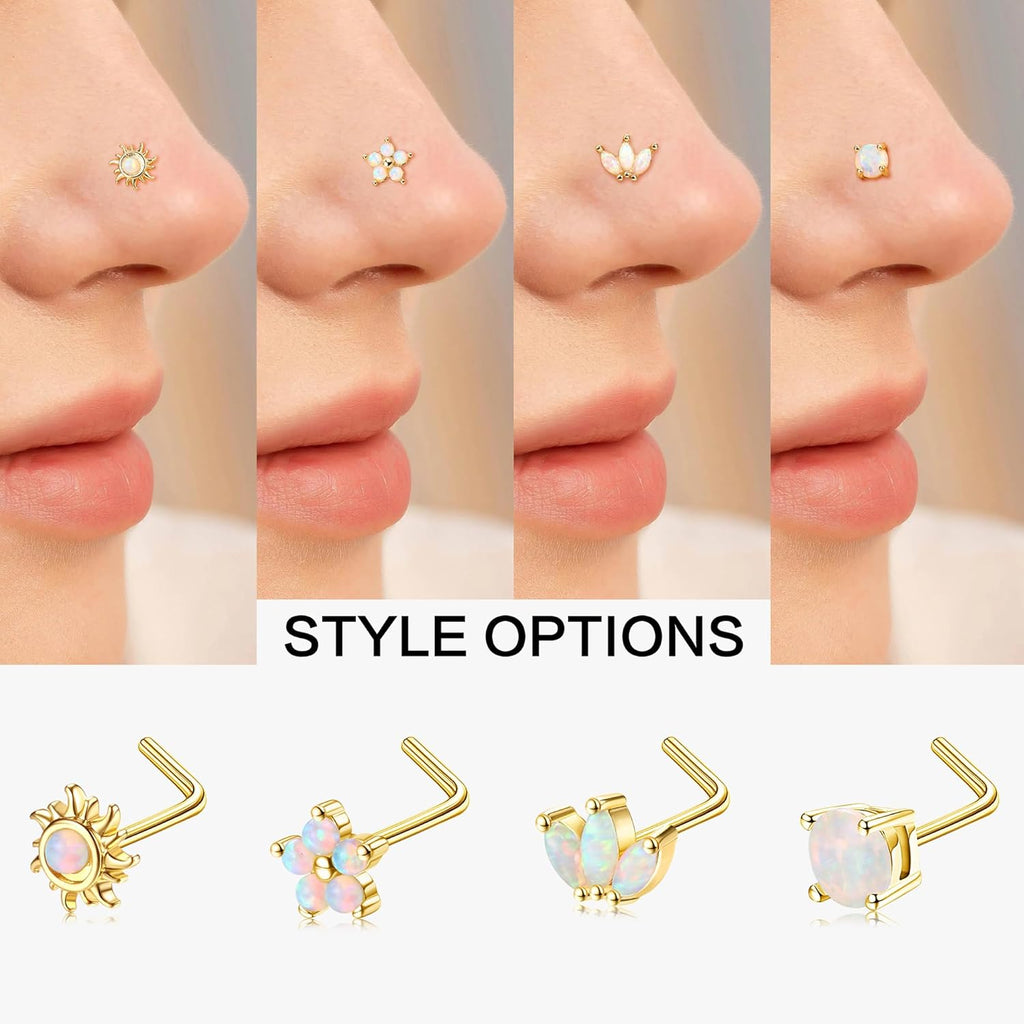 JOERICA Nose Rings Studs for Women Stainless Steel L Shaped Nose Studs Tiny Opal CZ Sunflower Turquoise Bee Planet Geometric Nose Piercing Jewelry - QIAO CrystalQIAO CrystalQIAO Crystal