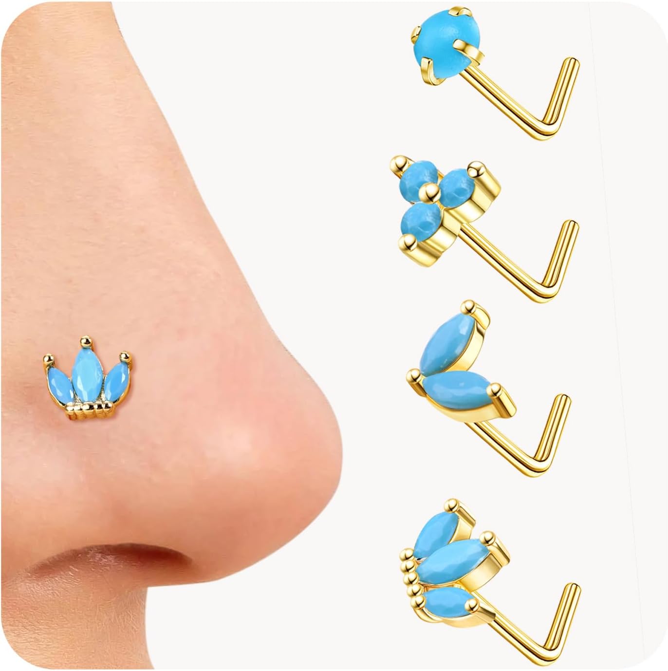 JOERICA Nose Rings Studs for Women Stainless Steel L Shaped Nose Studs Tiny Opal CZ Sunflower Turquoise Bee Planet Geometric Nose Piercing Jewelry - QIAO CrystalQIAO CrystalQIAO Crystal