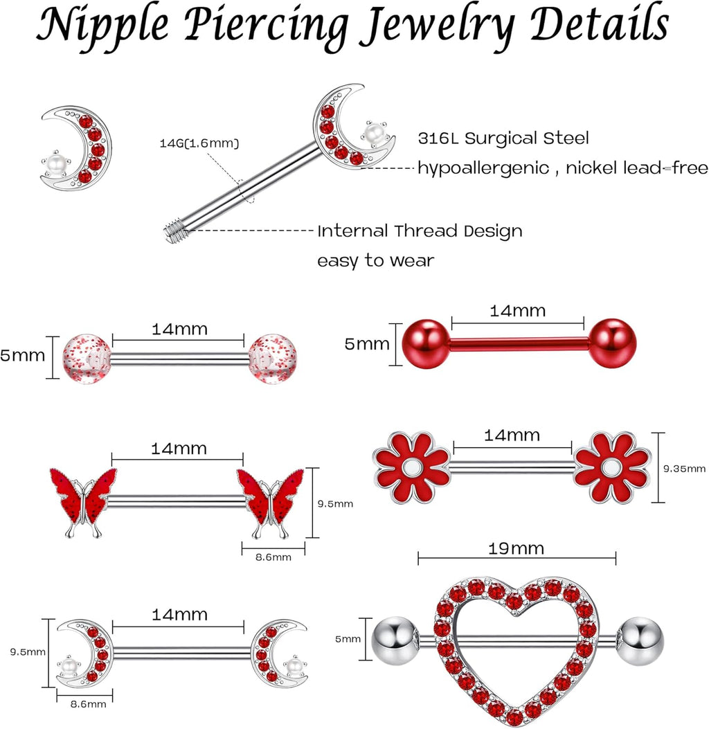 Kakonia 14 Gauge Nipple Rings Stainless Steel Cute Nipple Piercing Jewelry Nipple Barbells Heart Butterfly Moon CZ Flower Nipple Jewelry - QIAO CrystalQIAO CrystalQIAO Crystal