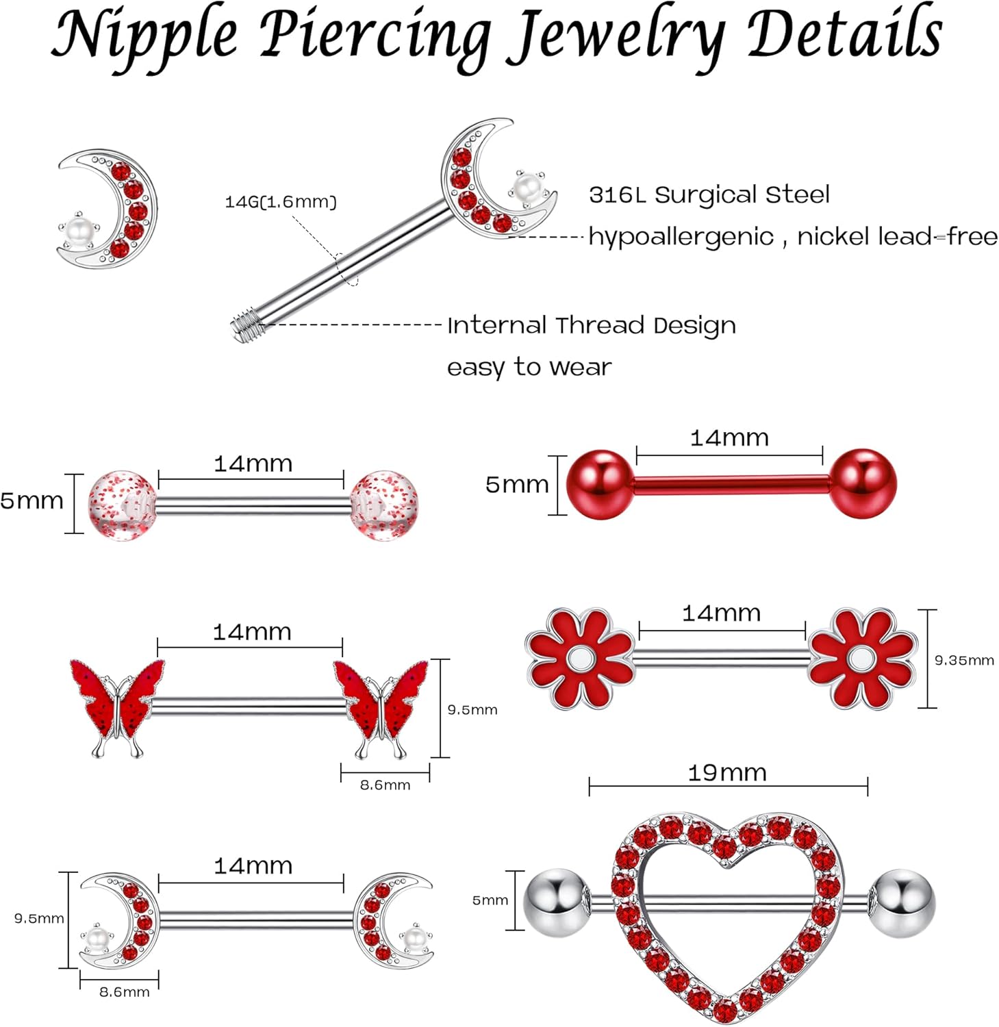 Kakonia 14 Gauge Nipple Rings Stainless Steel Cute Nipple Piercing Jewelry Nipple Barbells Heart Butterfly Moon CZ Flower Nipple Jewelry - QIAO CrystalQIAO CrystalQIAO Crystal