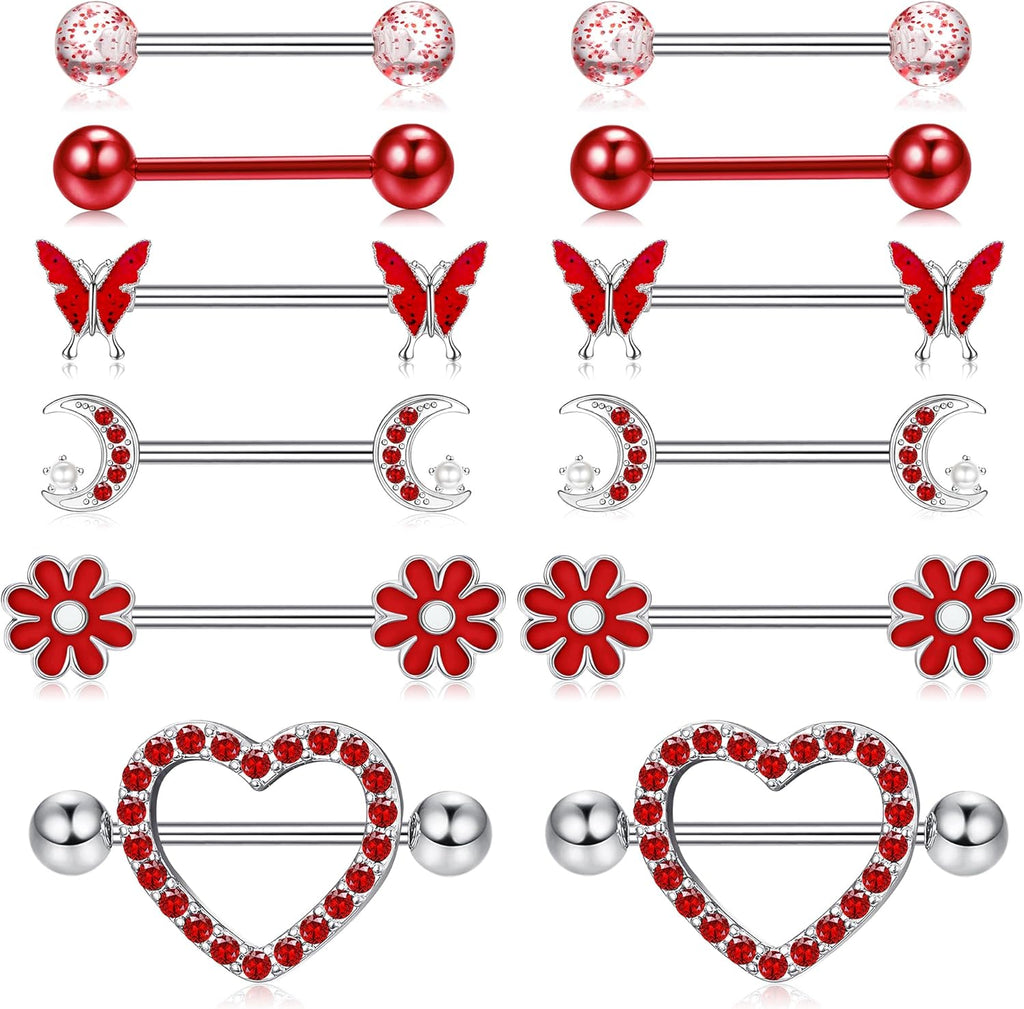 Kakonia 14 Gauge Nipple Rings Stainless Steel Cute Nipple Piercing Jewelry Nipple Barbells Heart Butterfly Moon CZ Flower Nipple Jewelry - QIAO CrystalQIAO CrystalQIAO Crystal