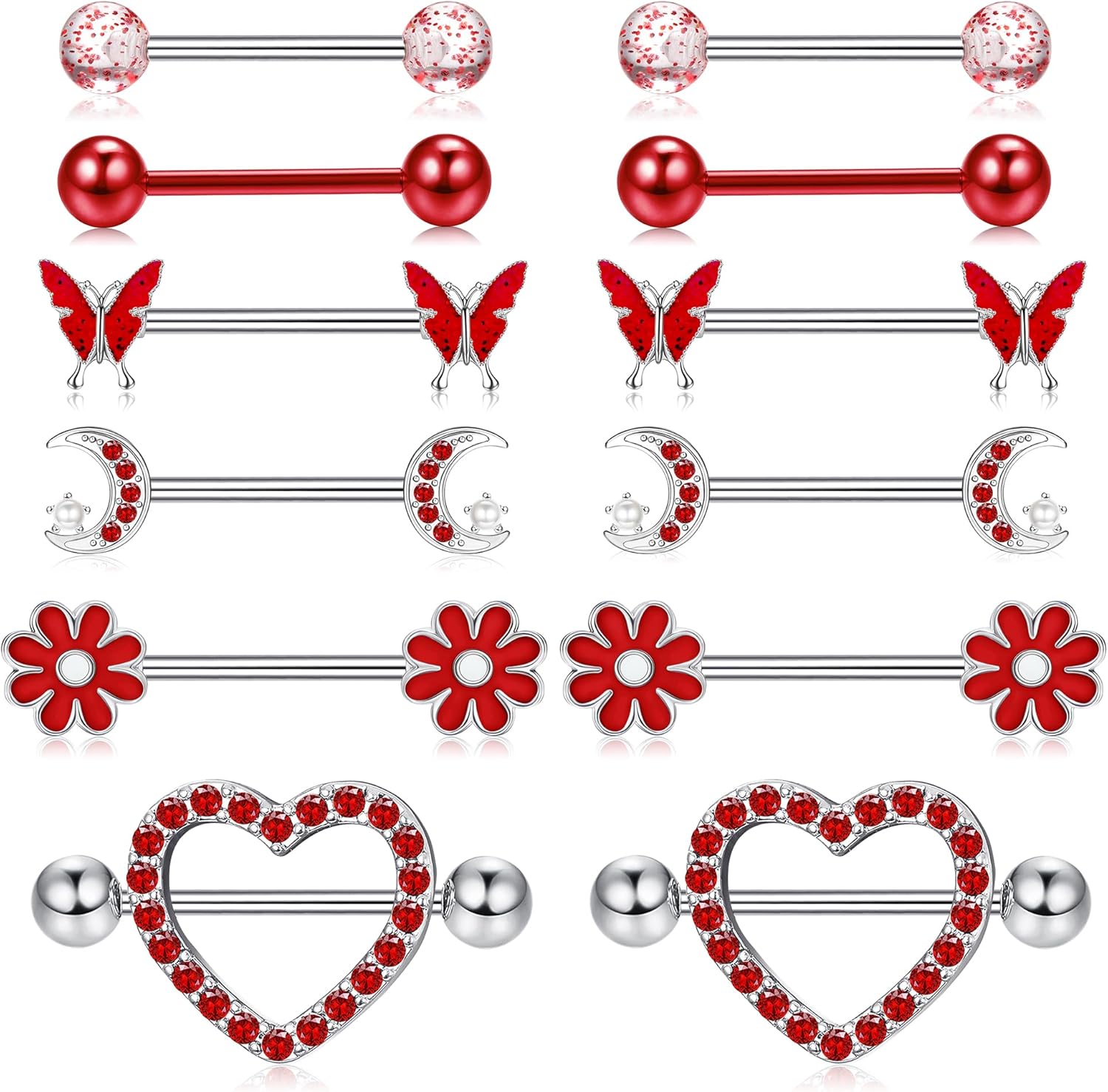 Kakonia 14 Gauge Nipple Rings Stainless Steel Cute Nipple Piercing Jewelry Nipple Barbells Heart Butterfly Moon CZ Flower Nipple Jewelry - QIAO CrystalQIAO CrystalQIAO Crystal