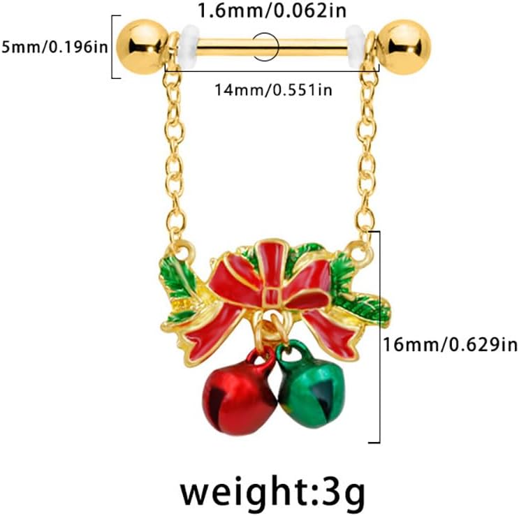 Kokoma 14G Christmas Jingle Bell Nipple Rings for Women Red and Green Bells with Red Bow Dangle Charm Nipplerings Nipple Piercing Shield Festive Party Body Piercing Jewelry - QIAO CrystalQIAO CrystalQIAO Crystal