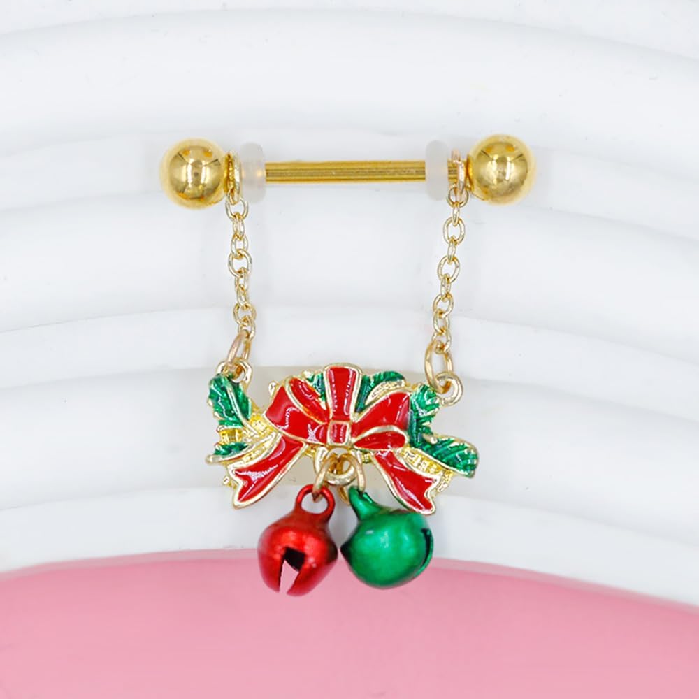 Kokoma 14G Christmas Jingle Bell Nipple Rings for Women Red and Green Bells with Red Bow Dangle Charm Nipplerings Nipple Piercing Shield Festive Party Body Piercing Jewelry - QIAO CrystalQIAO CrystalQIAO Crystal
